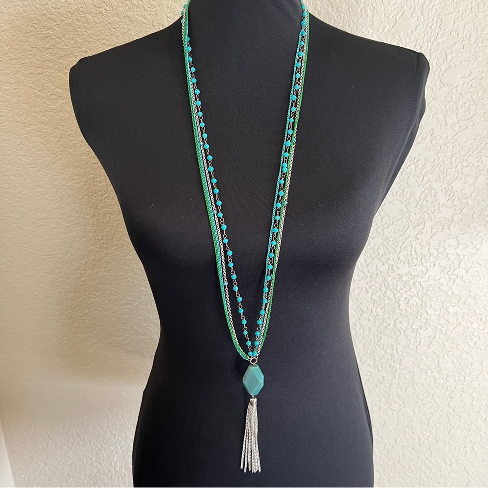 Elegant Turquoise and Green Beaded Tassel Necklace